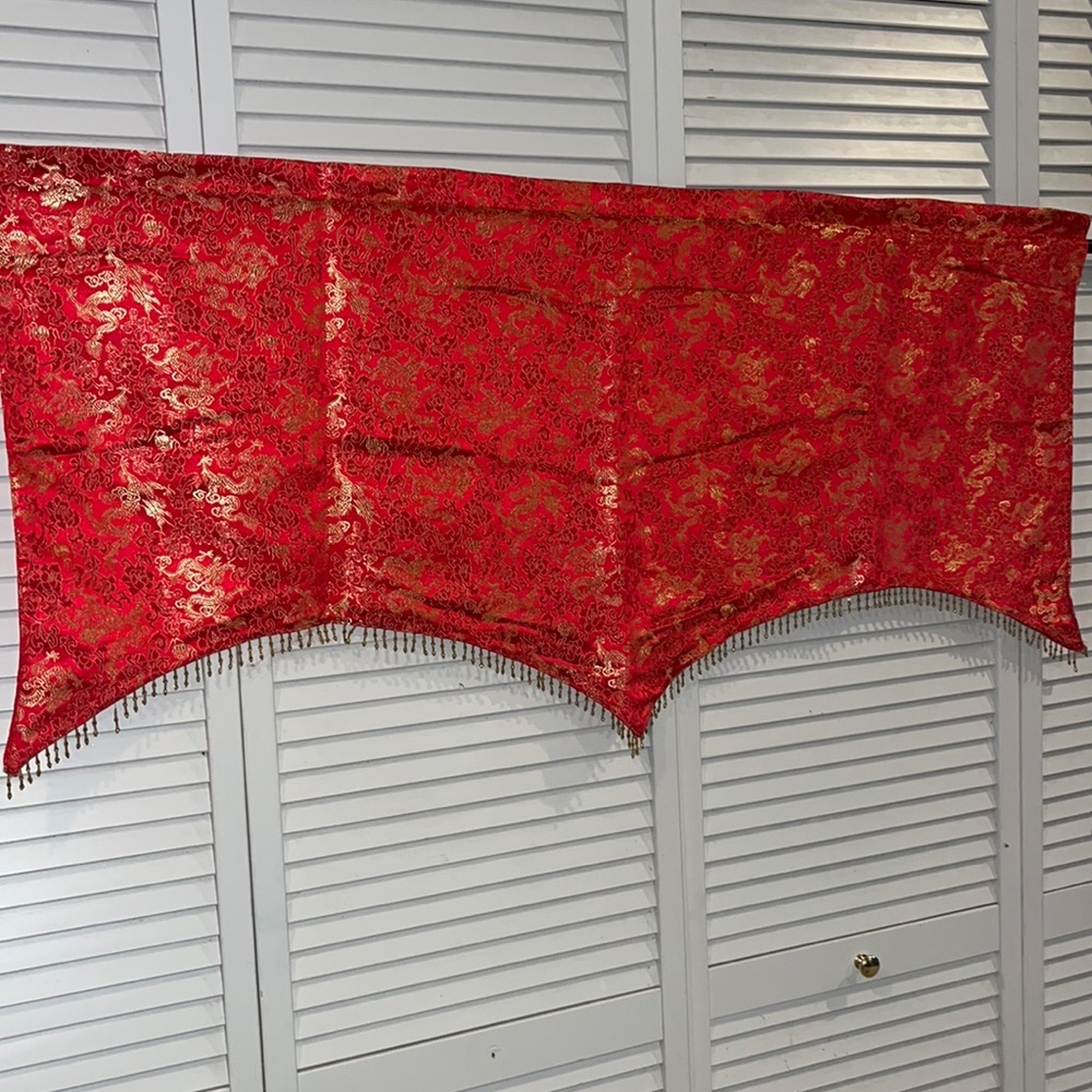 Gorgeous red brocade valance with gold dragons